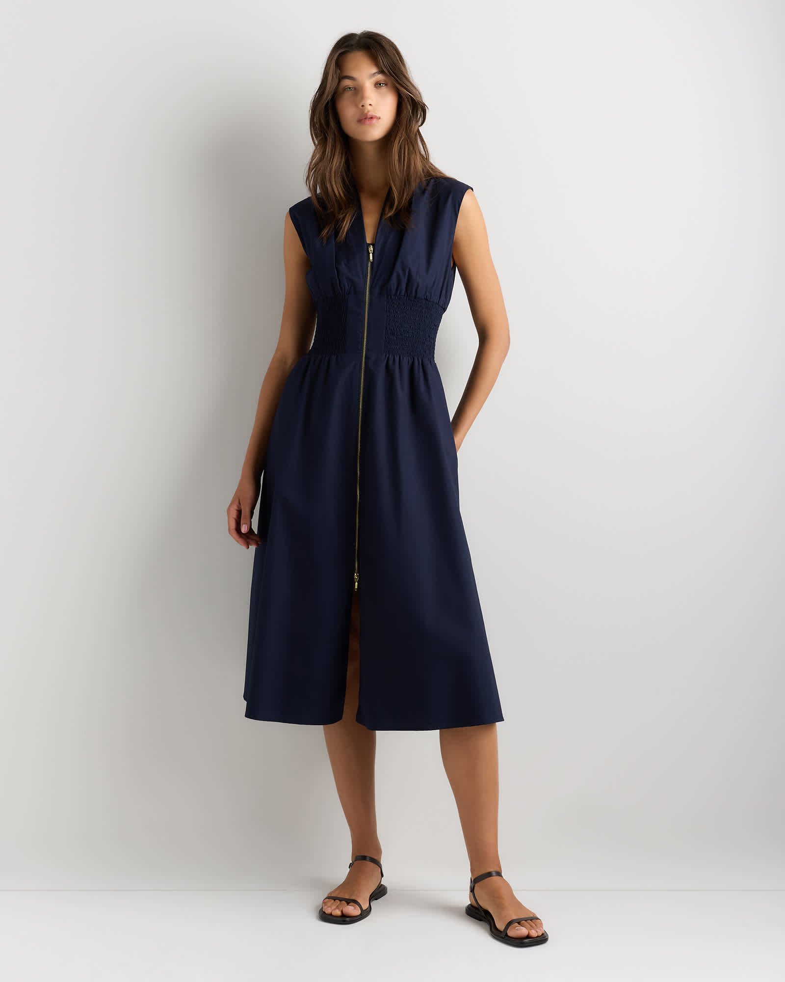 Navy 100% Organic Cotton Poplin Zip-Front Midi Dress
