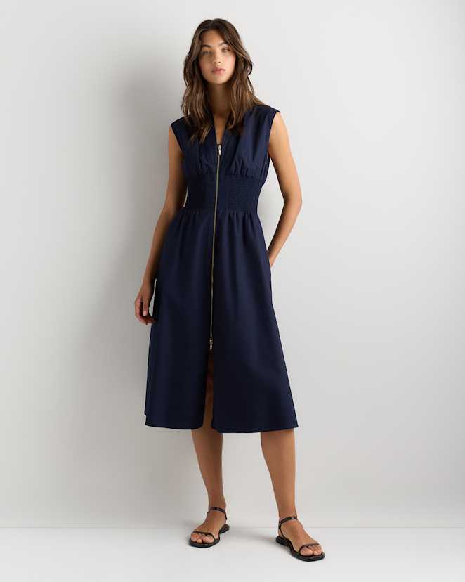 Navy 100% Organic Cotton Poplin Zip-Front Midi Dress