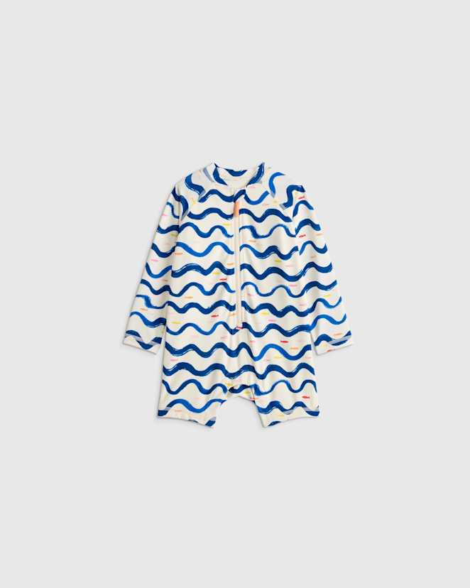Wavy Fish Long Sleeve Zip-Up Rash Guard One-Piece