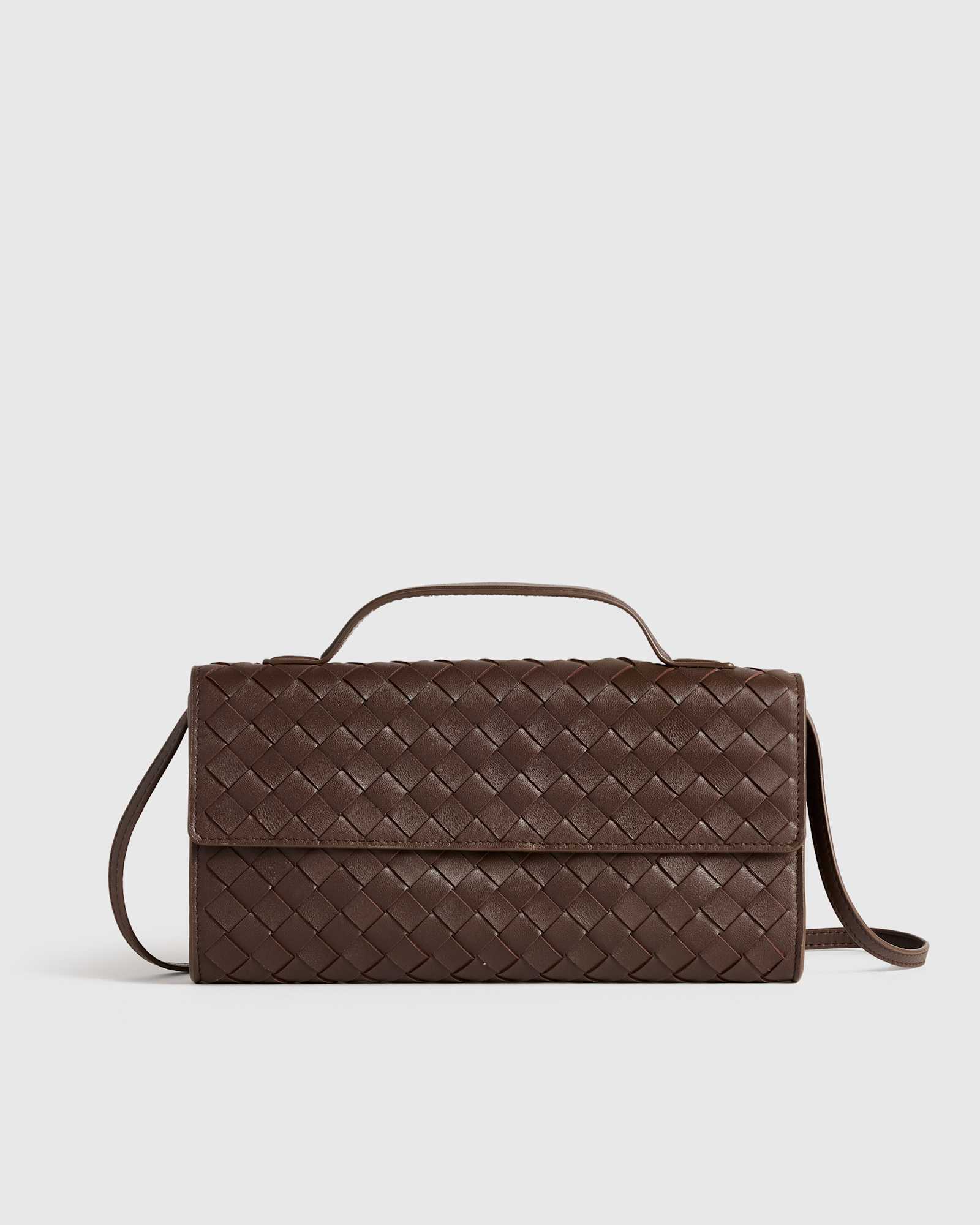 Dark Brown Italian Leather Handwoven Top Handle Clutch