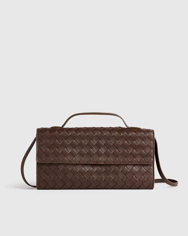 Dark Brown Italian Leather Handwoven Top Handle Clutch