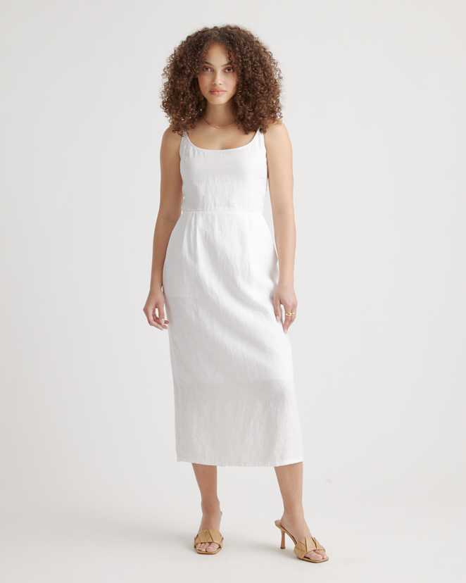 White 100% European Linen Scoop Neck Midi Dress