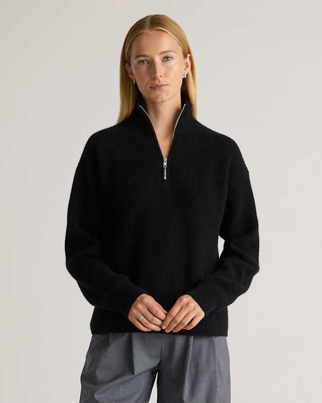 Black Mongolian Cashmere Fisherman Quarter Zip Sweater