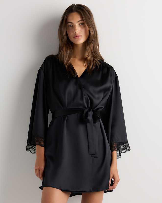 Black 100% Washable Silk Satin Lace Trim Robe