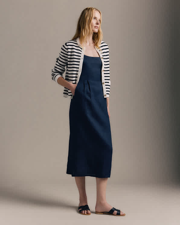 Deep Navy 100% European Linen Scoop Neck Midi Dress