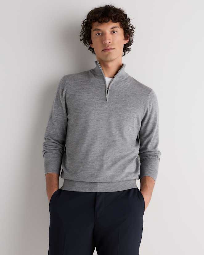 Light Heather Grey Worsted Merino Wool Quarter Zip Sweater