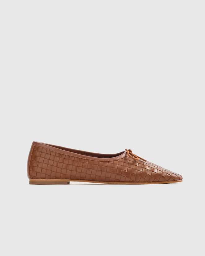 Cognac Italian Leather Handwoven Square Toe Ballet Flat