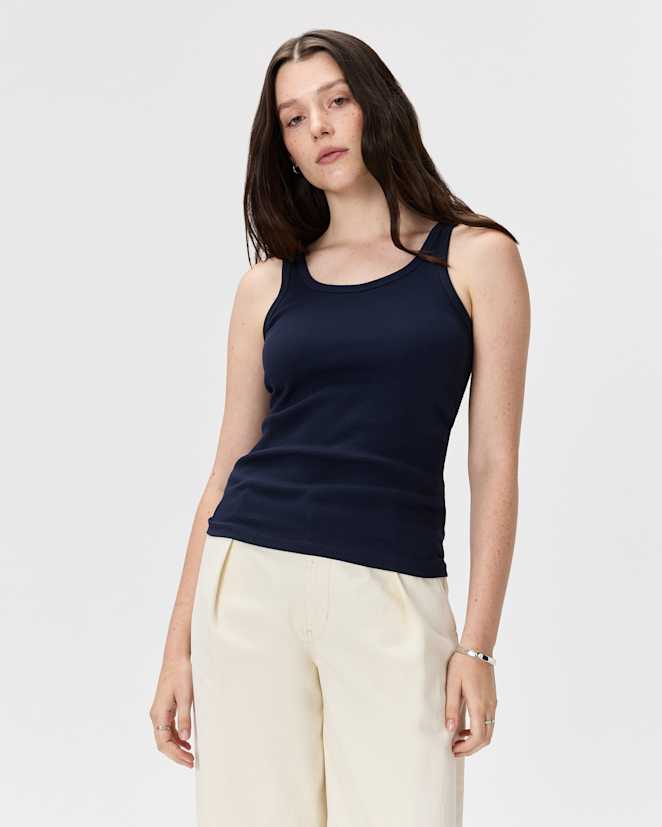 Deep Navy Organic Cotton Micro-Rib Scoop Neck Tank