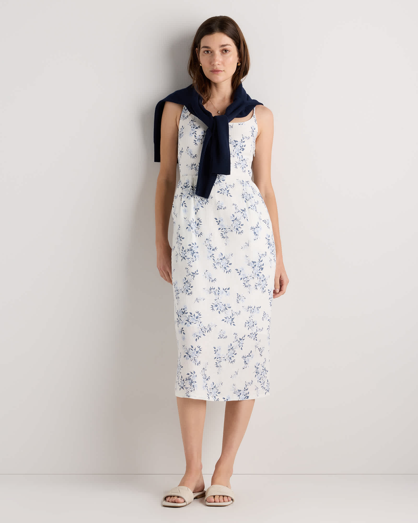 Ivory Porcelain Blue Petite Floral 100% European Linen Scoop Neck Midi Dress