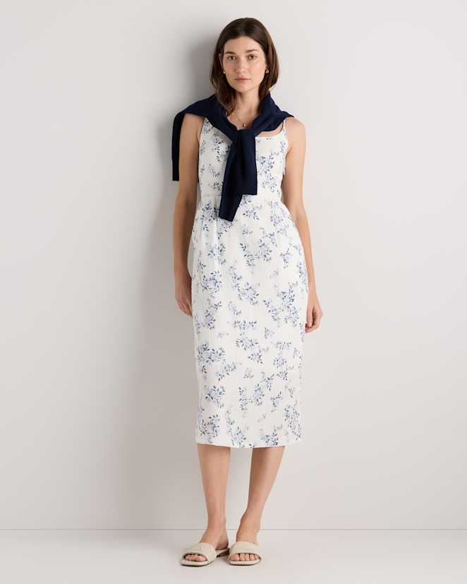 Ivory Porcelain Blue Petite Floral 100% European Linen Scoop Neck Midi Dress