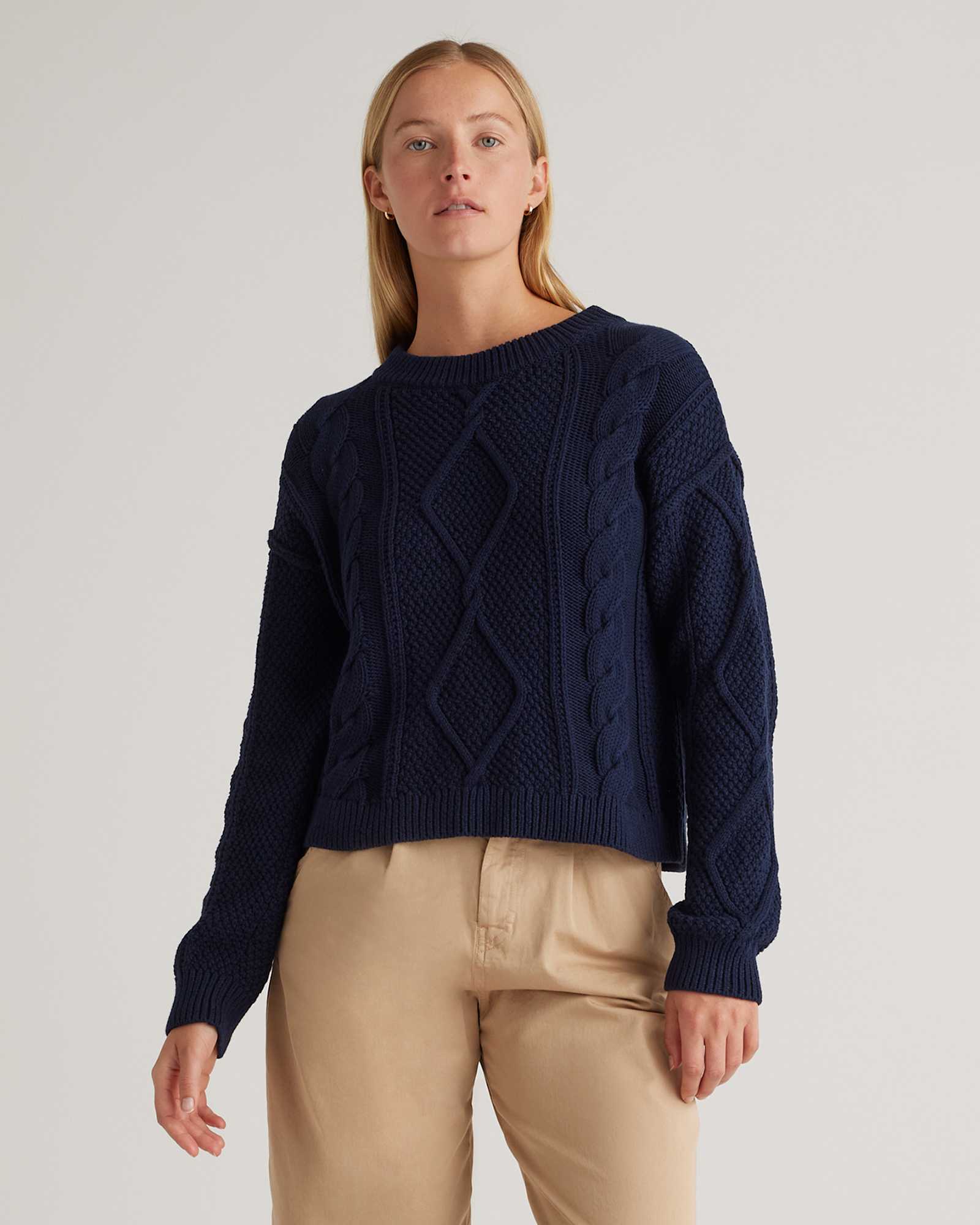 navy 100% Organic Cotton Cropped Cable Crew Sweater