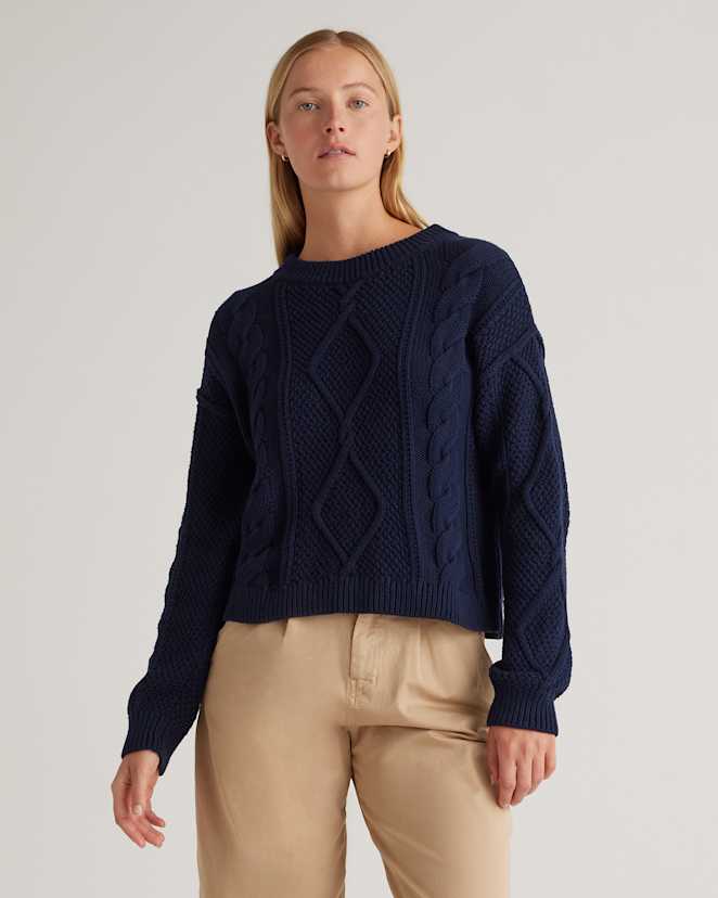 Navy 100% Organic Cotton Cropped Cable Crew Sweater