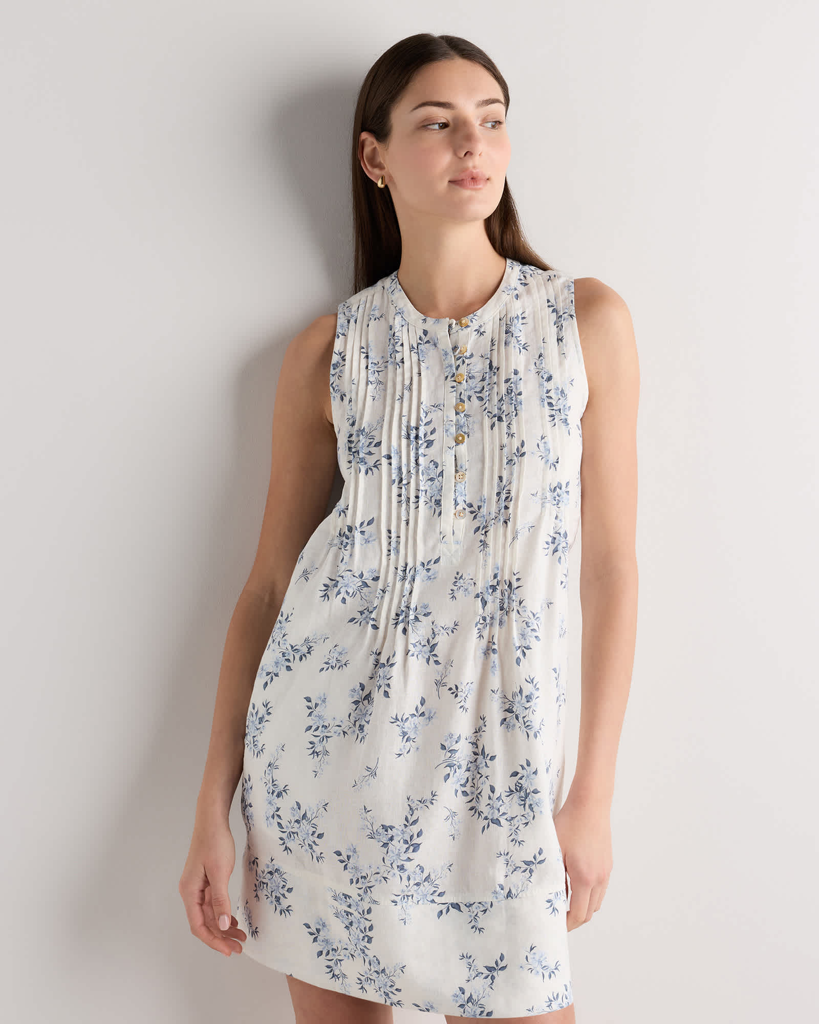 Ivory Porcelain Blue Petite Floral 100% European Linen Sleeveless Swing Dress