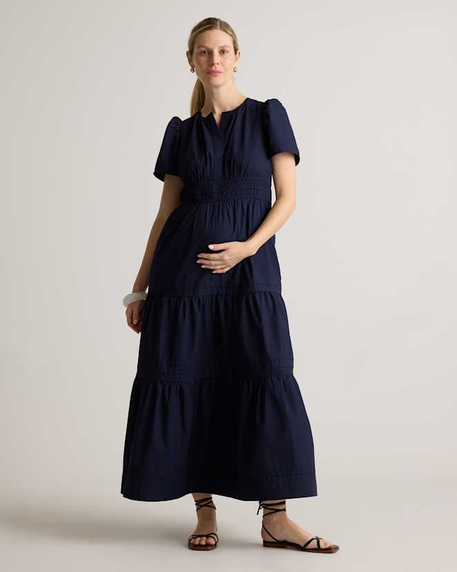 Navy 100% Organic Cotton Poplin Maternity Tiered Maxi Dress