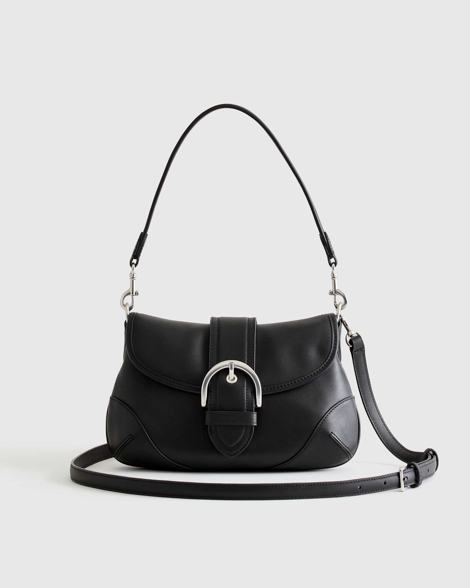 Black Italian Leather Buckle Detail Shoulder Bag