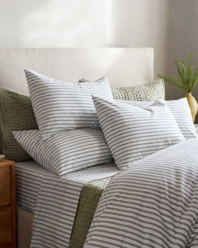 White/Pine Classic Organic Percale Double Stripe Sham Set