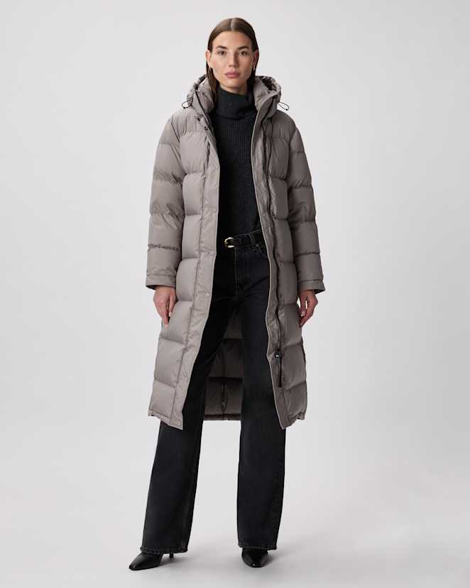 W-JKT-16-MRLGRY-01 EDITED Morel Grey Responsible Down Long Puffer Jacket