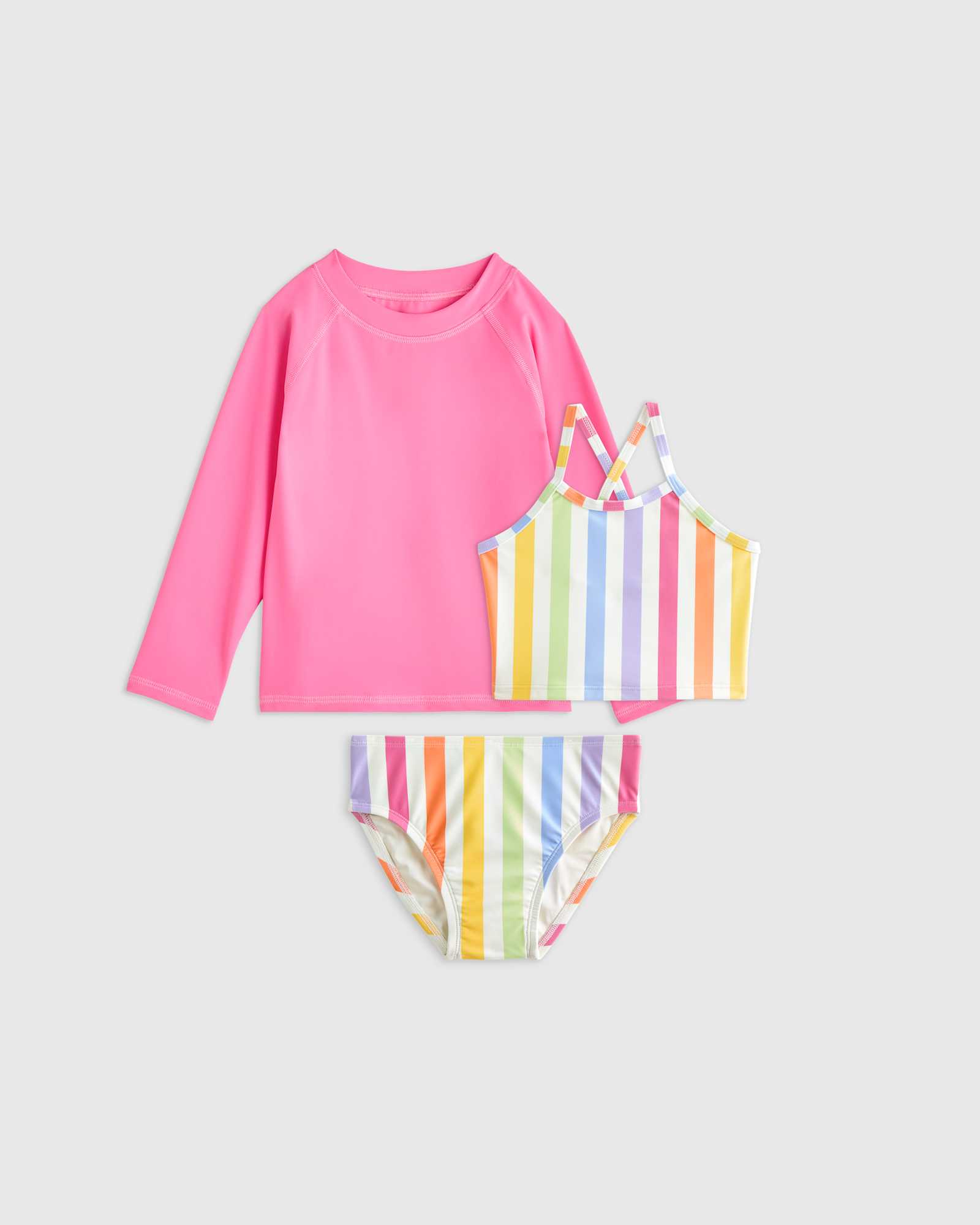 rainbow-stripe Tankini and Long Sleeve Raglan Rash Guard Set