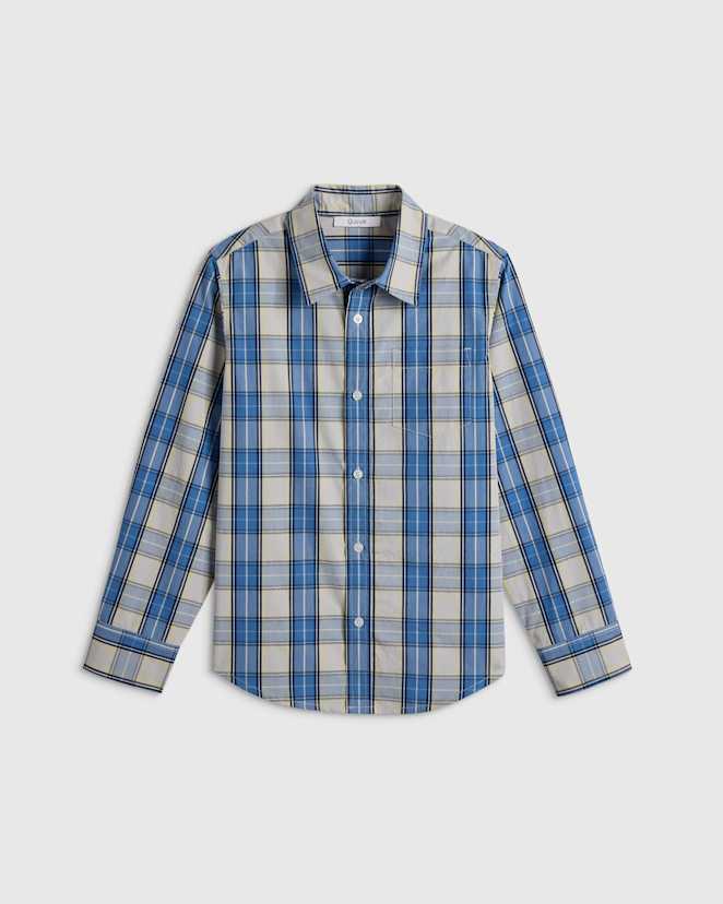 Blue Multi Plaid 100% Cotton Poplin Printed Long Sleeve Button Down