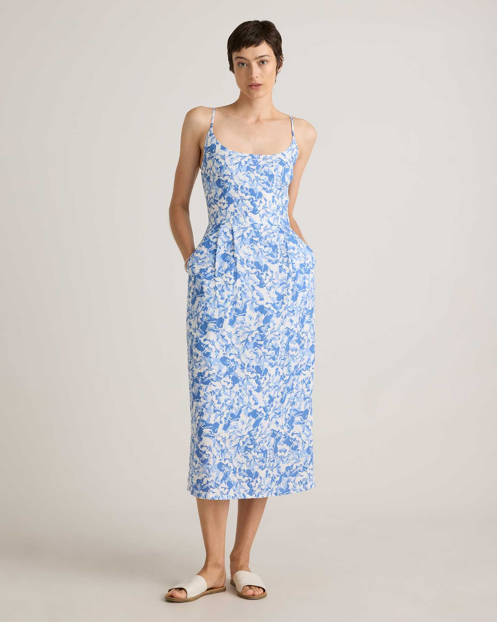 Floral Waterfall 100% European Linen Scoop Neck Midi Dress