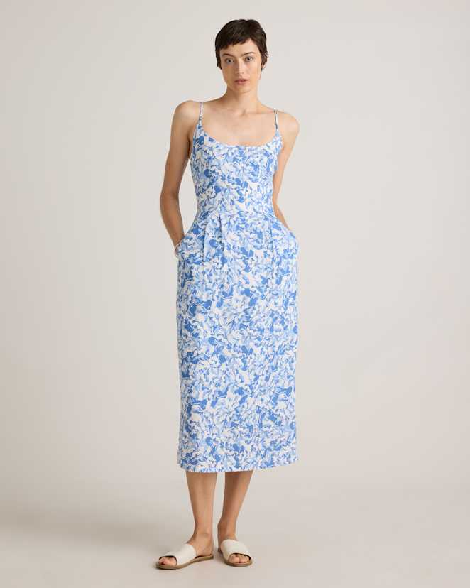 Floral Waterfall 100% European Linen Scoop Neck Midi Dress