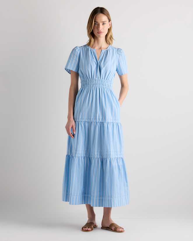 Delta Blue Double Stripe 100% Organic Cotton Poplin Tiered Maxi Dress