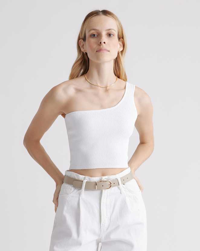 White Cropped One Shoulder Ribbed Knit Tank