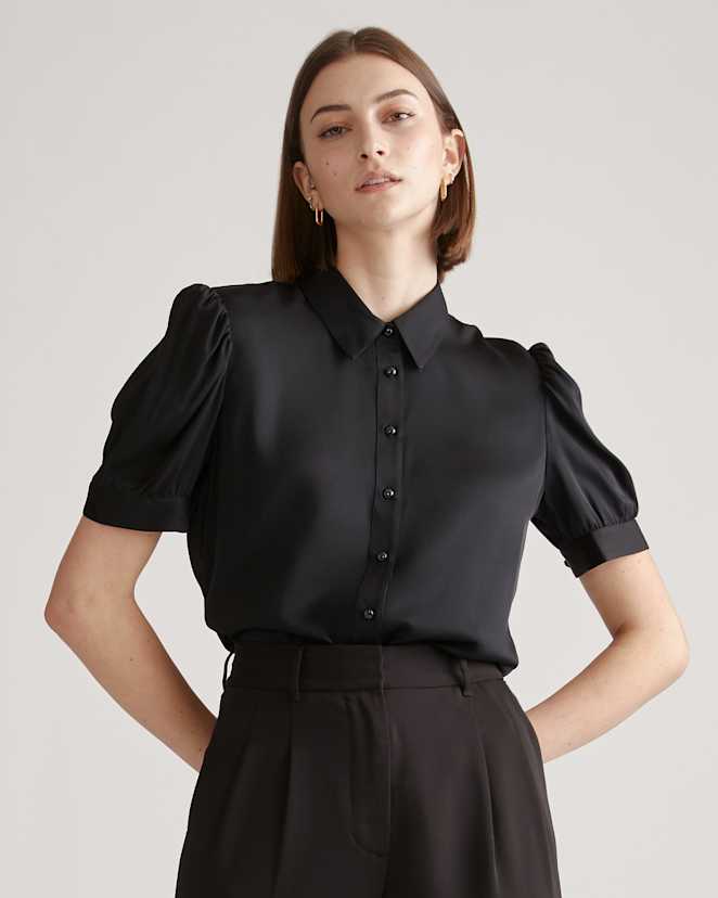 Black Washable Stretch Silk Puff Sleeve Blouse