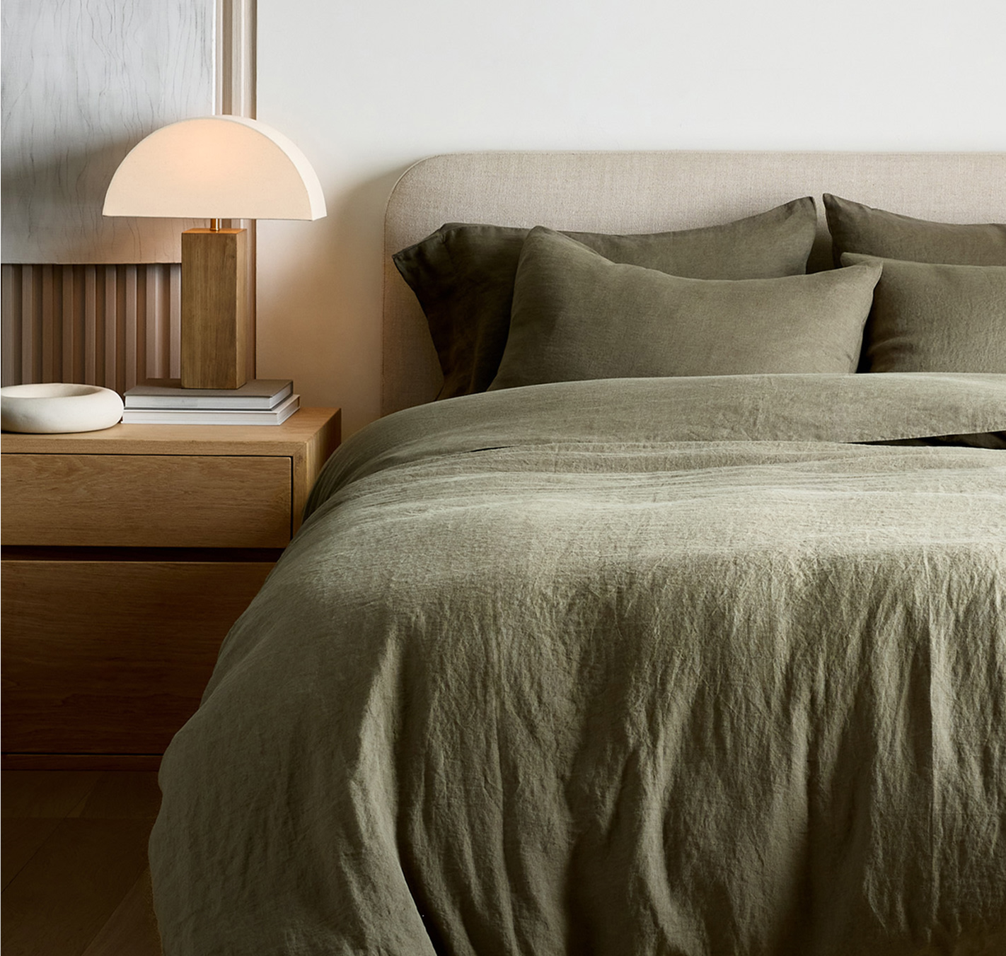 Container 2 banner — European Linen Duvet Cover Set, Dusty Olive. Sep 2026.
