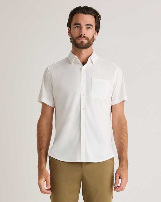 White Commuter Stretch Pique Short Sleeve Button Down
