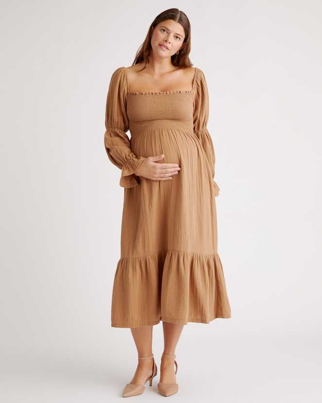 Toasted Coconut 100% Organic Cotton Gauze Maternity Smocked Midi Dress