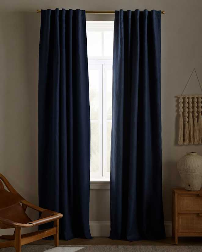 Navy European Linen True Blackout Curtain - Single Panel
