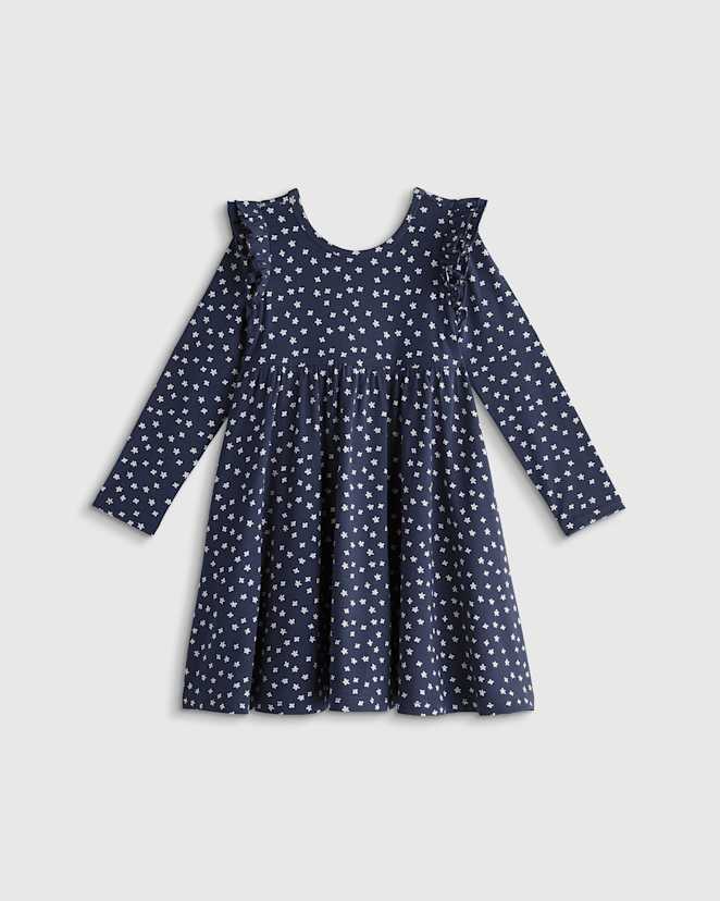 Navy Blossoms Bamboo Long Sleeve Flutter Twirl Dress