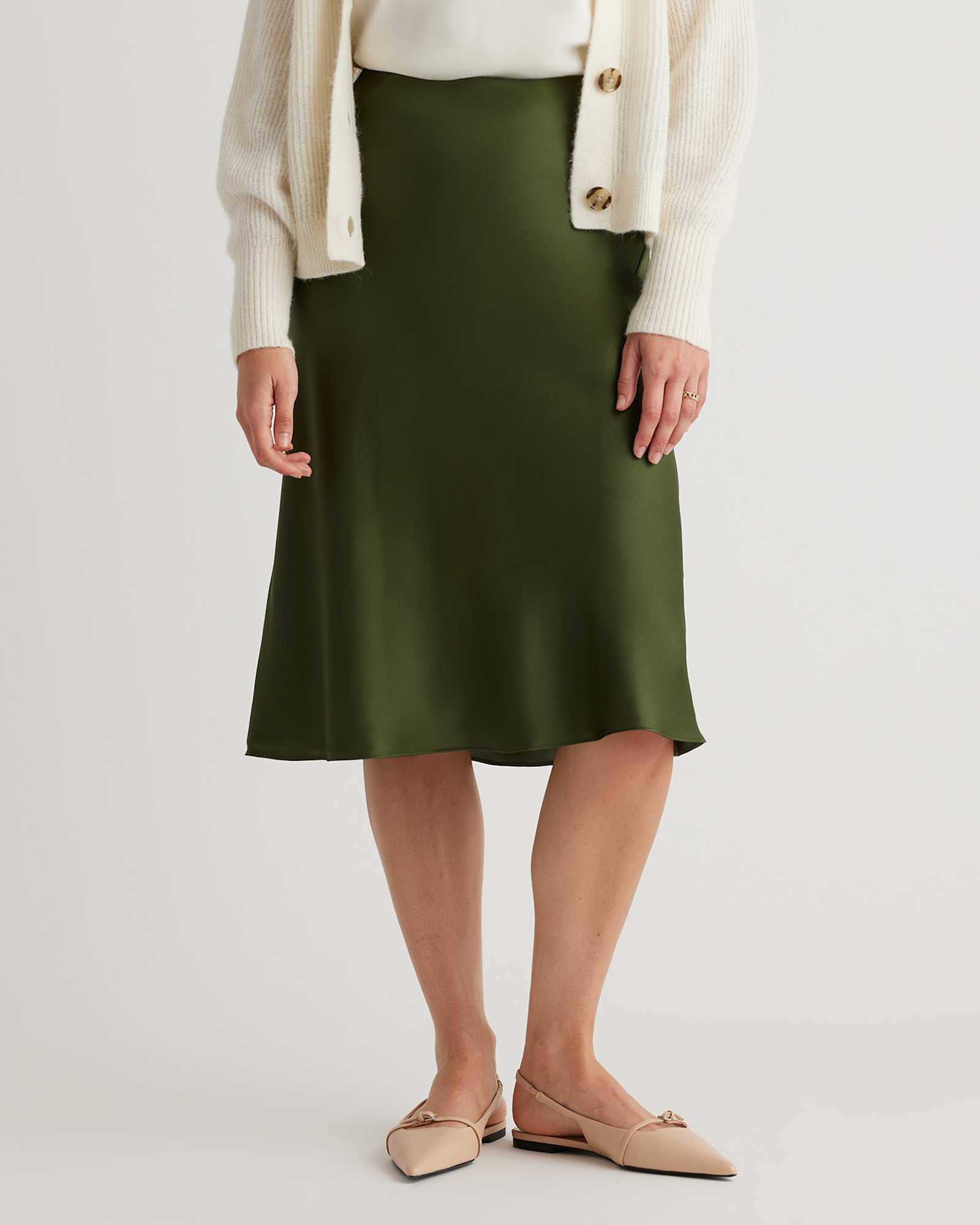 basil-green 100% Washable Silk Skirt
