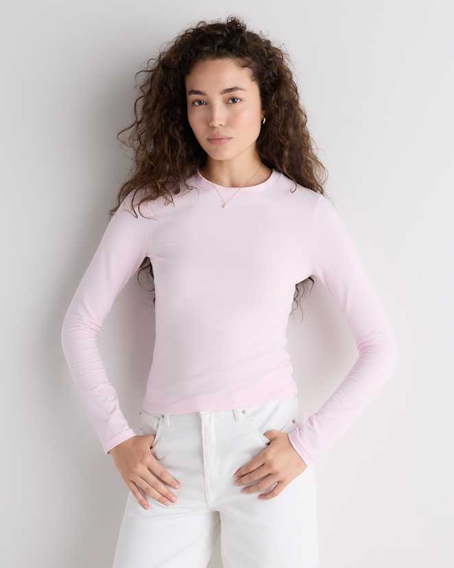 Petal Pink Stretch Cotton Jersey Fitted Long Sleeve T-Shirt
