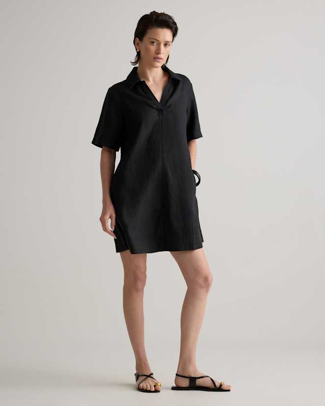 Black 100% European Linen Popover Mini Dress