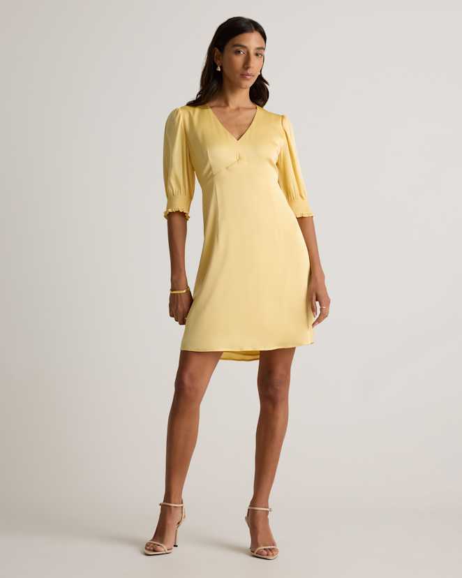 Butter Yellow Washable Stretch Silk Puff Sleeve Mini Dress