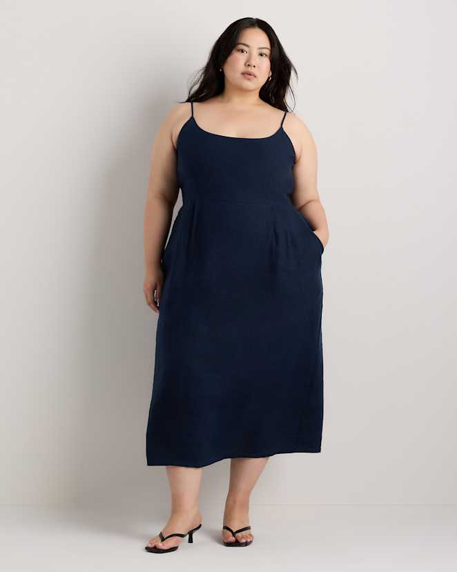 Deep Navy 100% European Linen Scoop Neck Midi Dress
