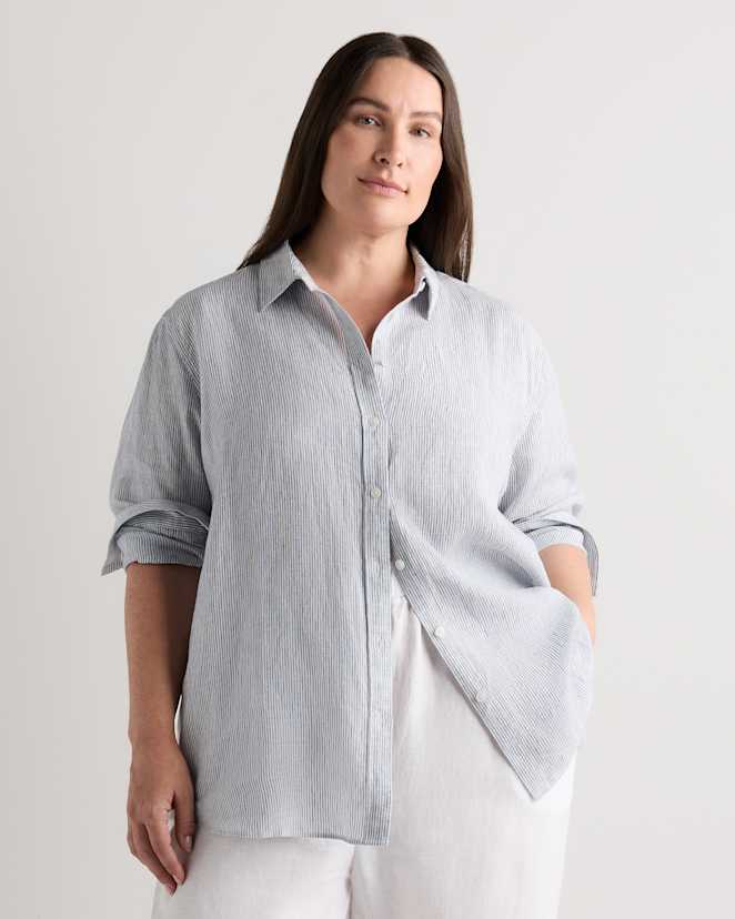Blue Pinstripe 100% European Linen Long Sleeve Shirt