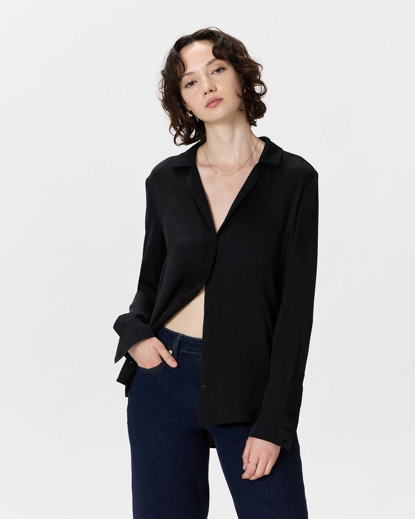 black Washable Stretch Silk Notch Collar Blouse