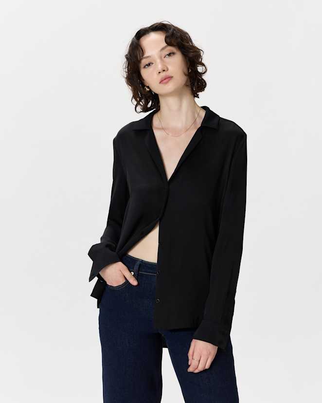 W-BLO-29-BLK-01 EDITED Black Washable Stretch Silk Notch Collar Blouse