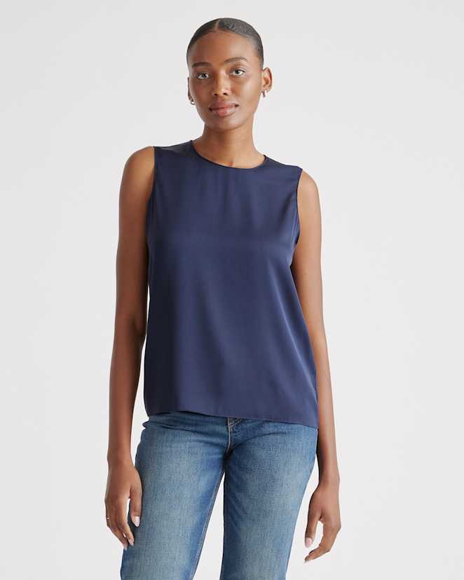 Navy Washable Stretch Silk Shell Tank