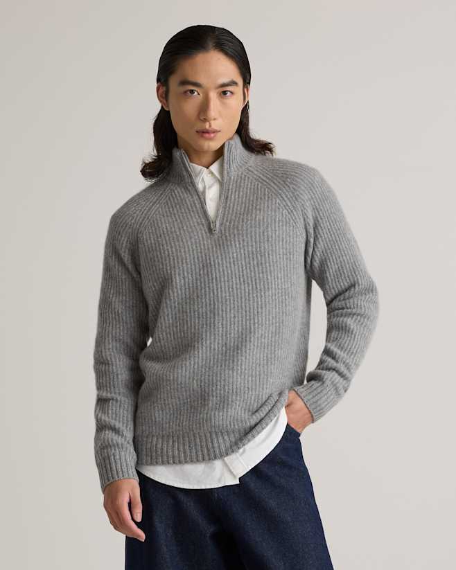 Heather Grey Mongolian Cashmere Fisherman Quarter Zip Sweater