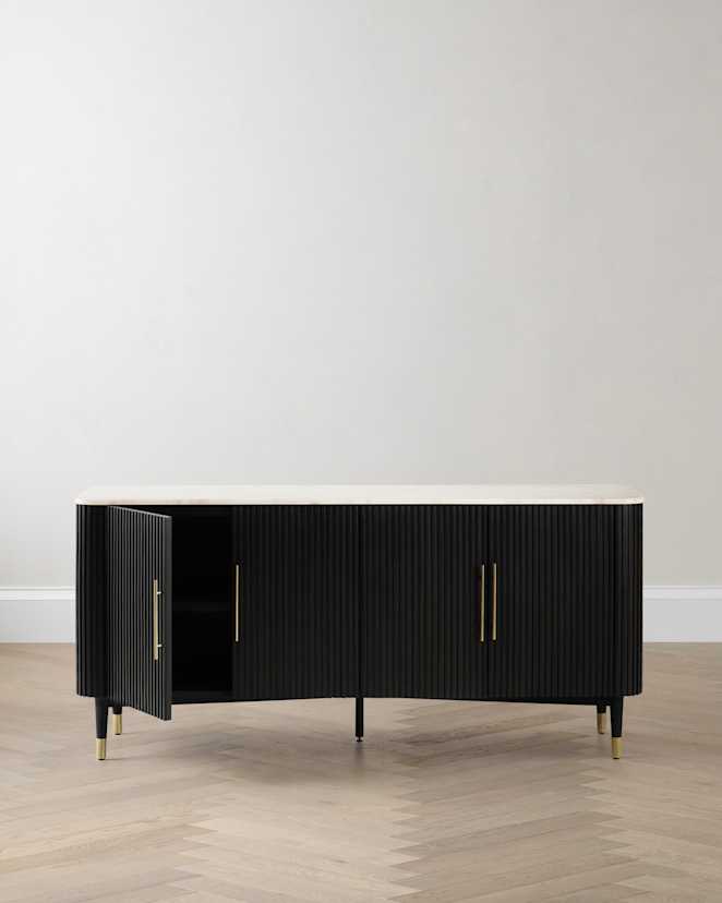 Cream/Black Fluted Wood and Genuine Marble Sideboard