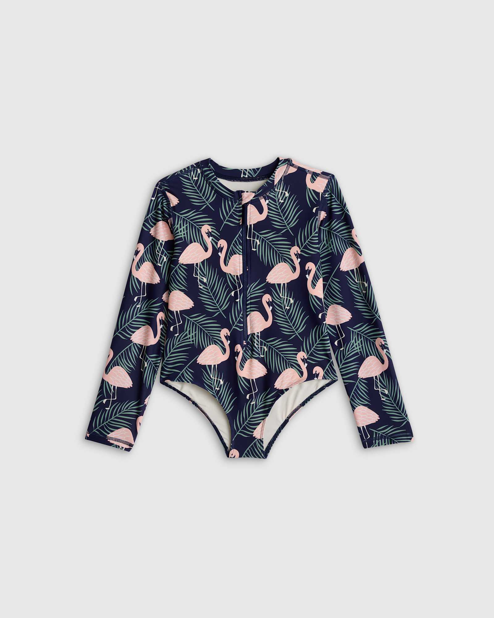 Flamingo Palms Long Sleeve Zip-Up Swimsuit