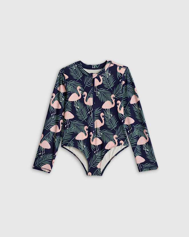 Flamingo Palms Long Sleeve Zip-Up Swimsuit