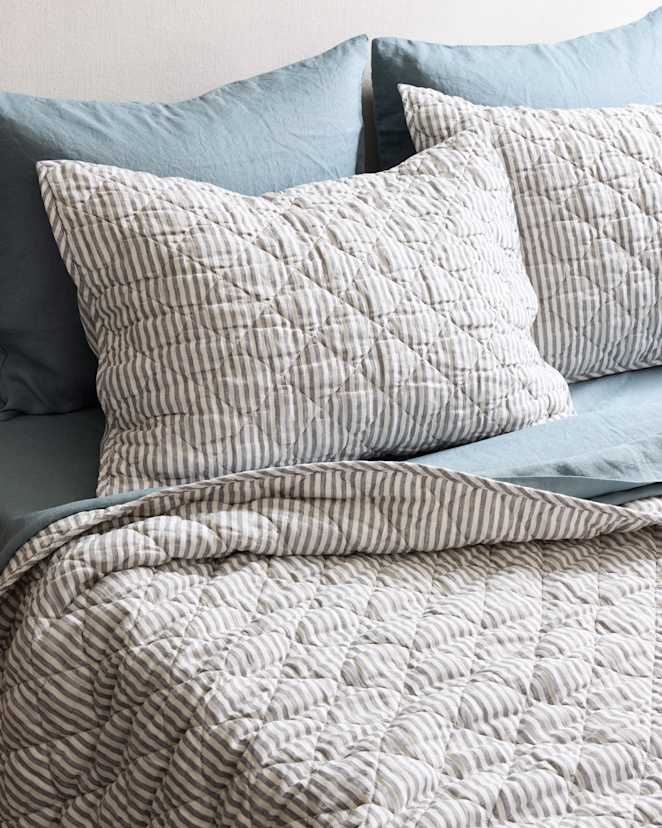 Grey/White Stripe European Linen Stripe Quilted Sham Set