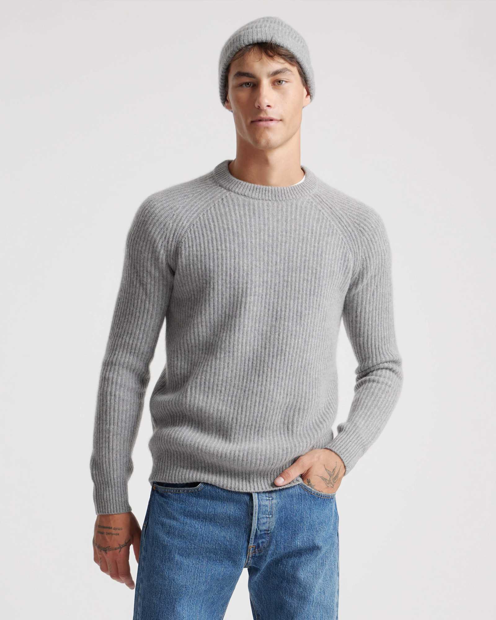 Heather Grey Mongolian Spring Cashmere Fisherman Crewneck Sweater