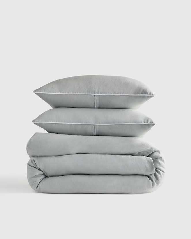 Mist/White European Linen Piped Duvet Cover Set