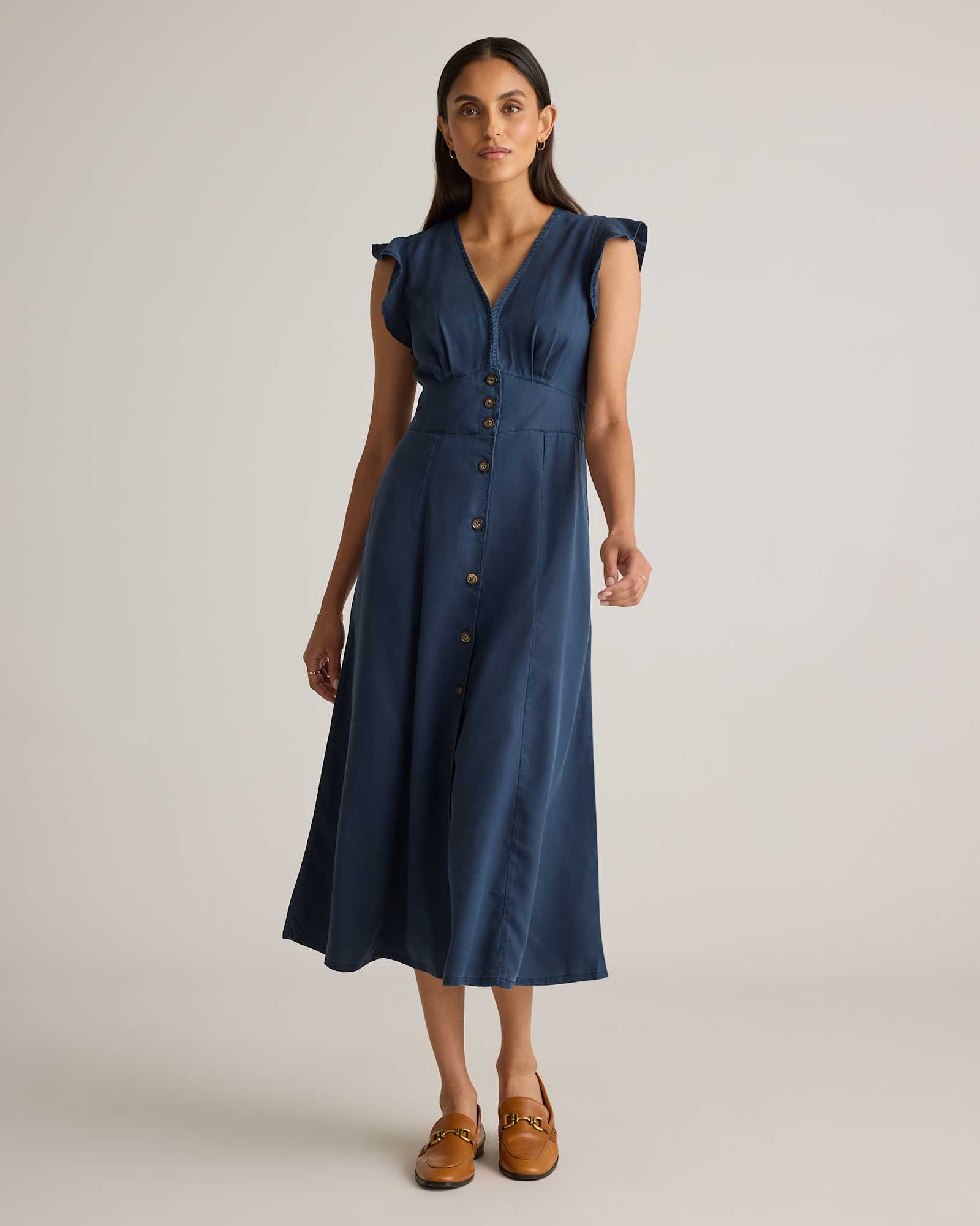 midnight-blue Vintage Wash Tencel Button Front Midi Dress